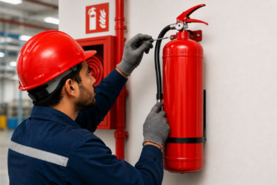 Fire safety engineer inspecting equipment