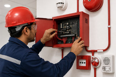 Fire safety engineer inspecting equipment