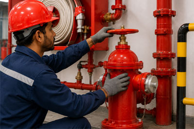 Fire safety engineer inspecting equipment