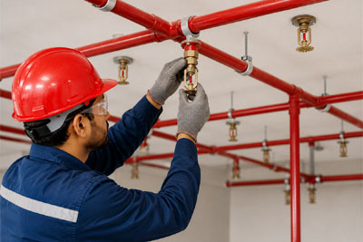 Fire safety engineer inspecting equipment