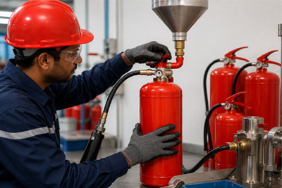 Fire safety engineer inspecting equipment